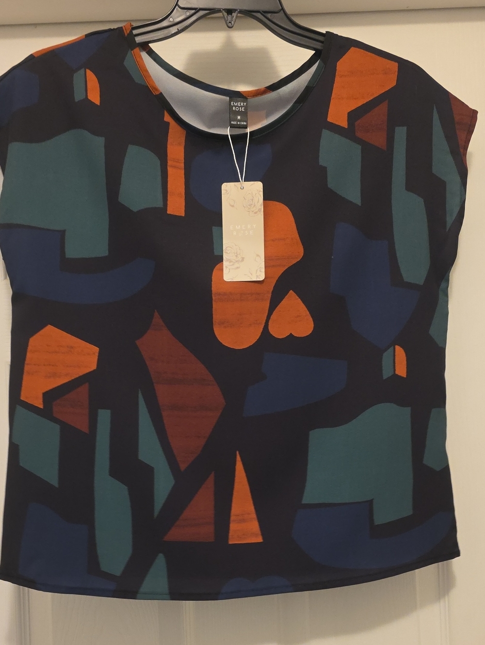 Every Rose Navy Abstract Cap Sleeve Blouse with Teal & Orange Accents